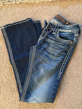 Rock Revival Two-Tone Blue Bootcut Jeans with White Contrast Stitching